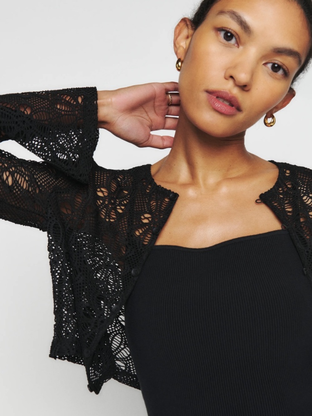 REFORMATION Black Crocheted Button-Front Top, size L